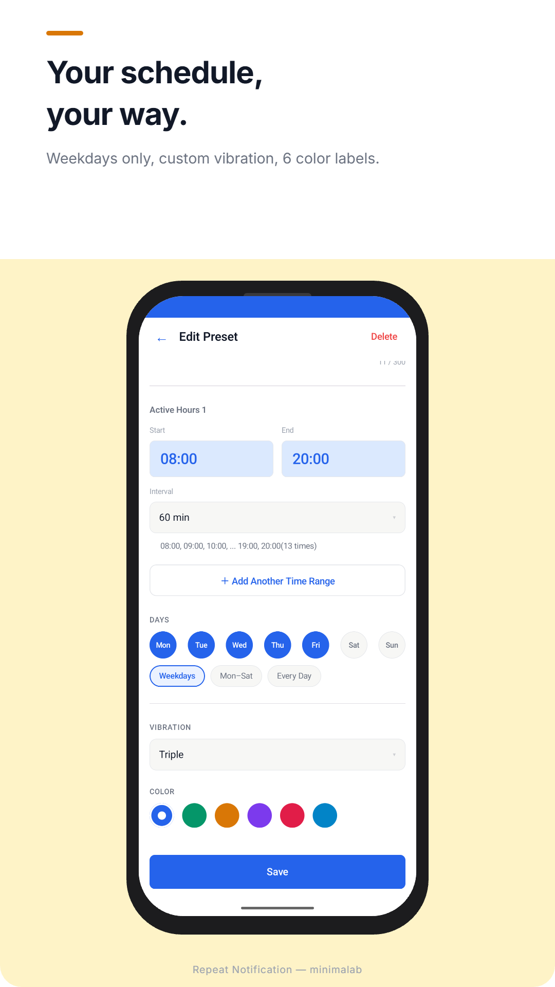 Preset editor — weekdays, vibration, color
